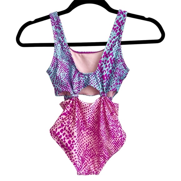 One Piece Pink & Turquoise Print Bathing Suit with Knotted Cut Outs Size S 6/6X - Picture 4 of 6